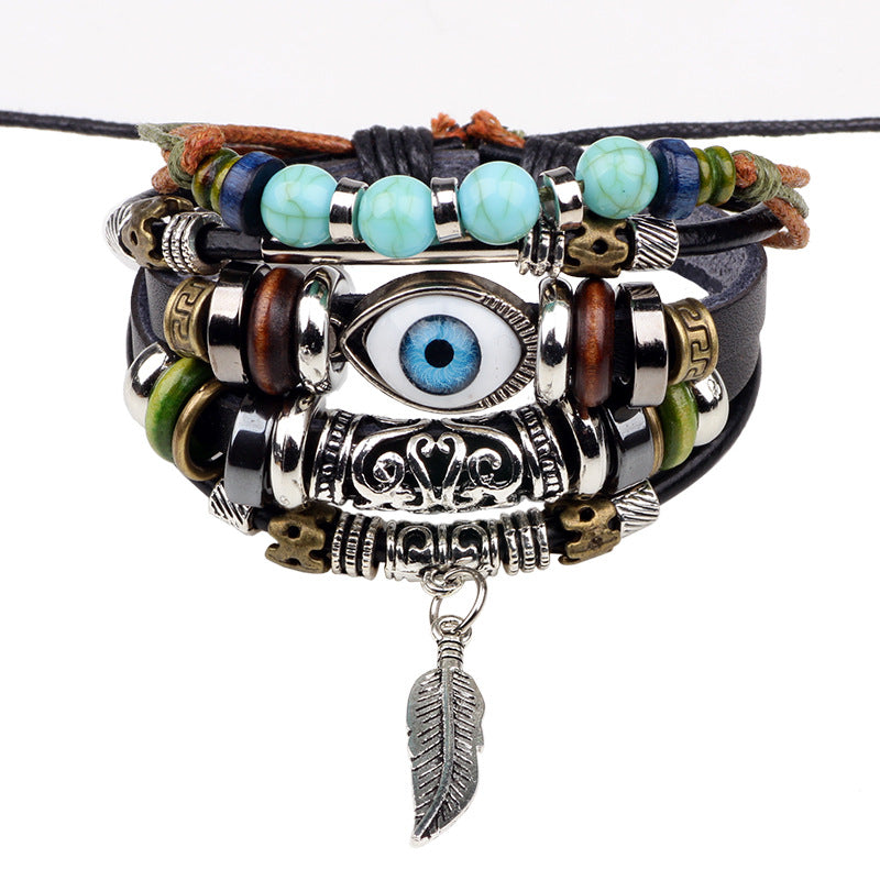 EVIL eye 5 Pcs Braided Faux Leather Bracelet Set with Moonstone beads for Men & Boys (8 inch)