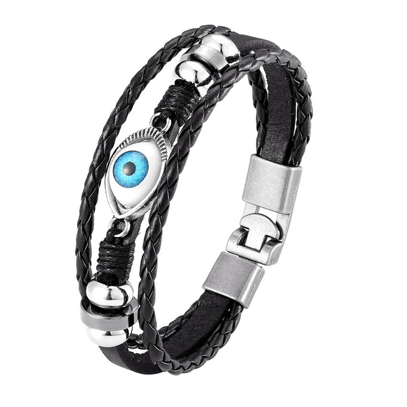 Evil Eye 3 layer breaded Faux leather Bracelet for men with Stainless steel charms - 21 cm