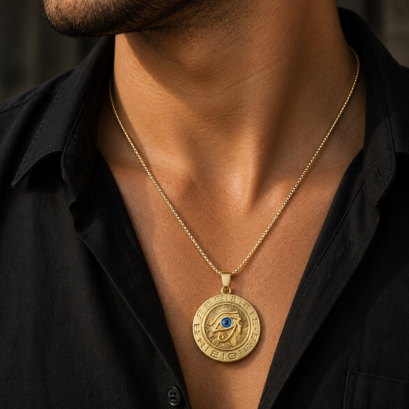 Evil Eye Horus Pendant with Chain for Men & Boys | 304 Stainless Steel, Anti Tarnish, gold Plated with 6 Months Warranty