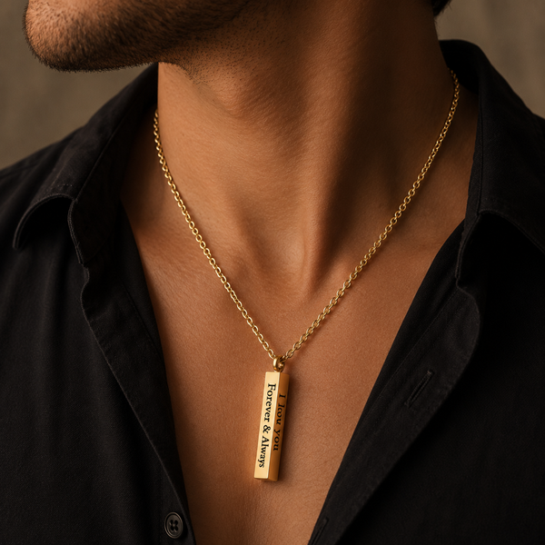 I Love You Engraved Bar Pendant Necklace for Men & Women | 18K Gold Plated Stainless Steel | Anti-Tarnish | Romantic Gift