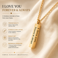 I Love You Engraved Bar Pendant Necklace for Men & Women | 18K Gold Plated Stainless Steel | Anti-Tarnish | Romantic Gift
