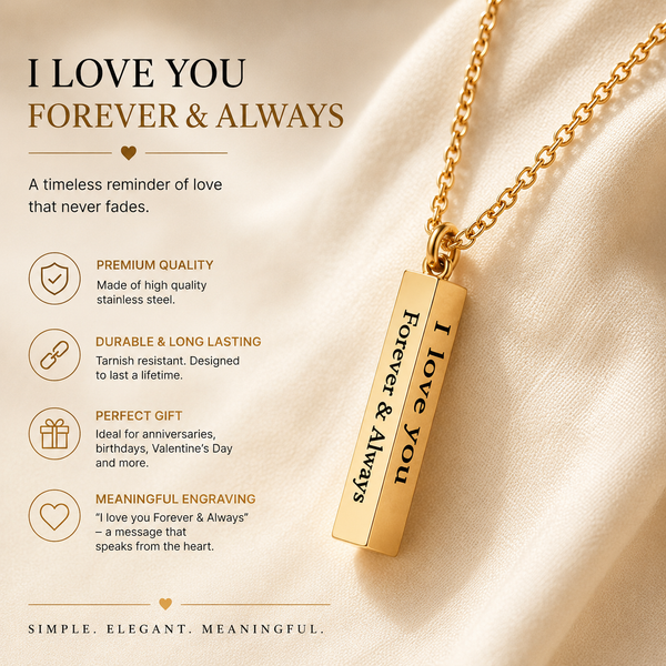 I Love You Engraved Bar Pendant Necklace for Men & Women | 18K Gold Plated Stainless Steel | Anti-Tarnish | Romantic Gift