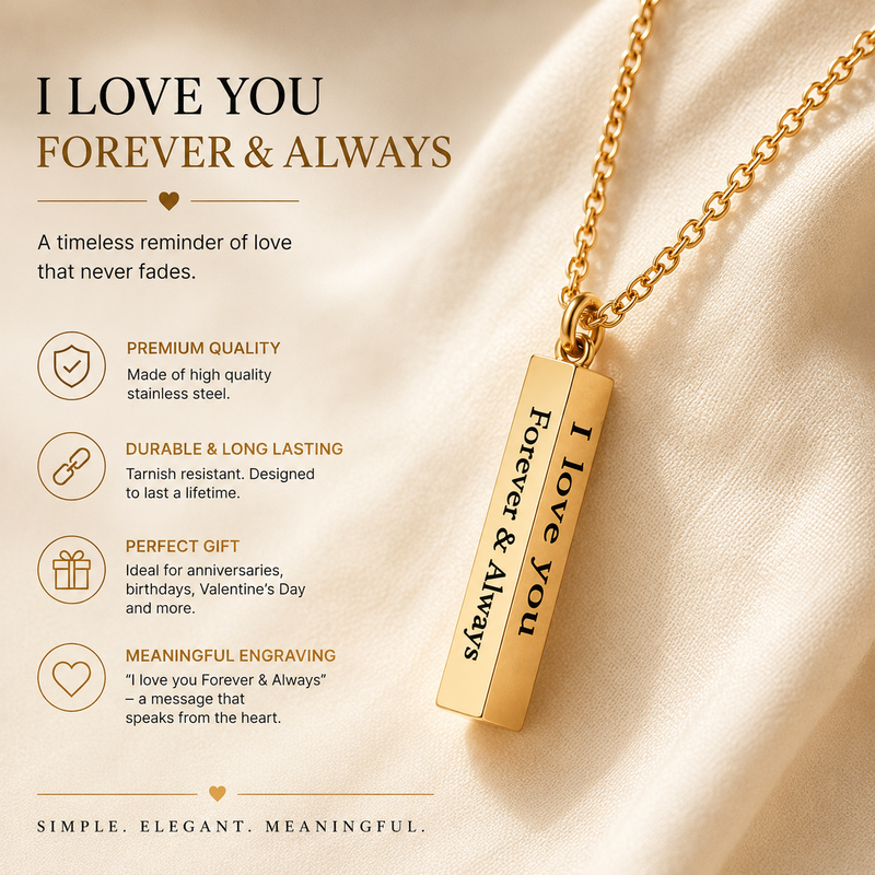 I Love You Engraved Bar Pendant Necklace for Men & Women | 18K Gold Plated Stainless Steel | Anti-Tarnish | Romantic Gift