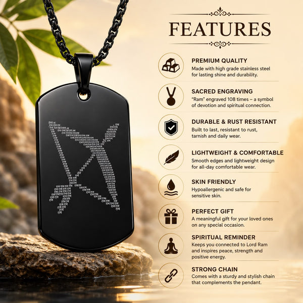 Ram arrow Pendant with Chain for men | Ram Naam Jap 108 Spiritual Black Stainless Steel Locket