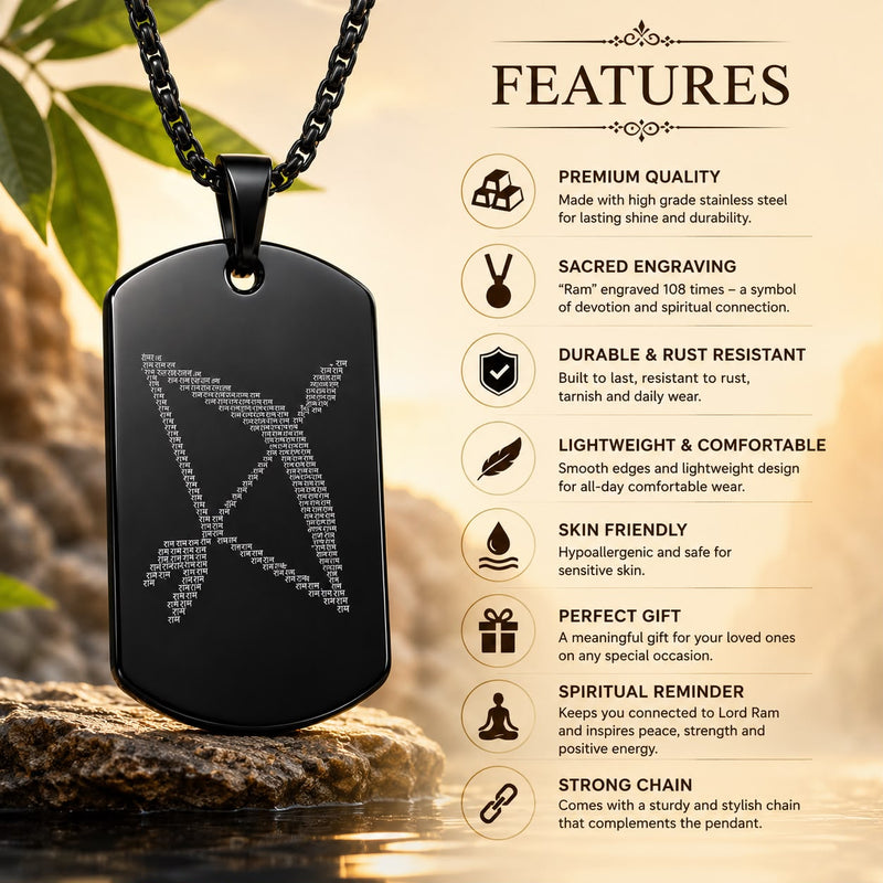 Ram arrow Pendant with Chain for men | Ram Naam Jap 108 Spiritual Black Stainless Steel Locket
