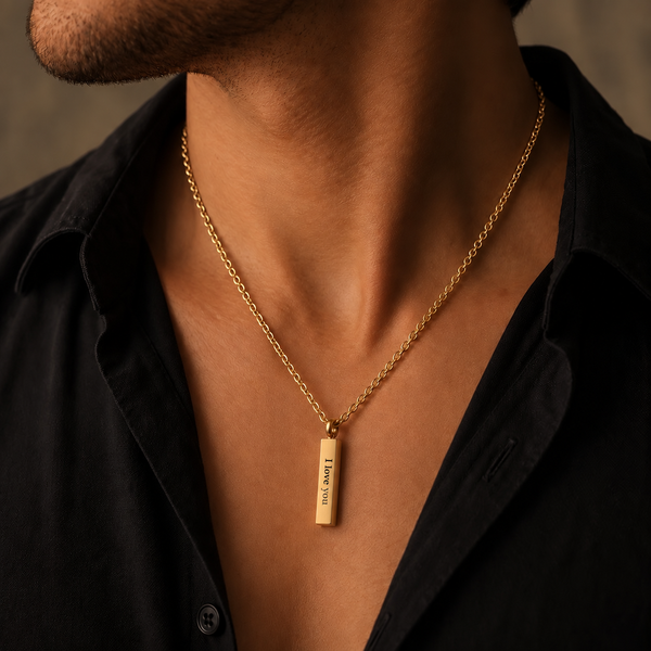 I Love You Engraved Bar Pendant Necklace for Men & Women | 18K Gold Plated Stainless Steel | Anti-Tarnish | Romantic Gift