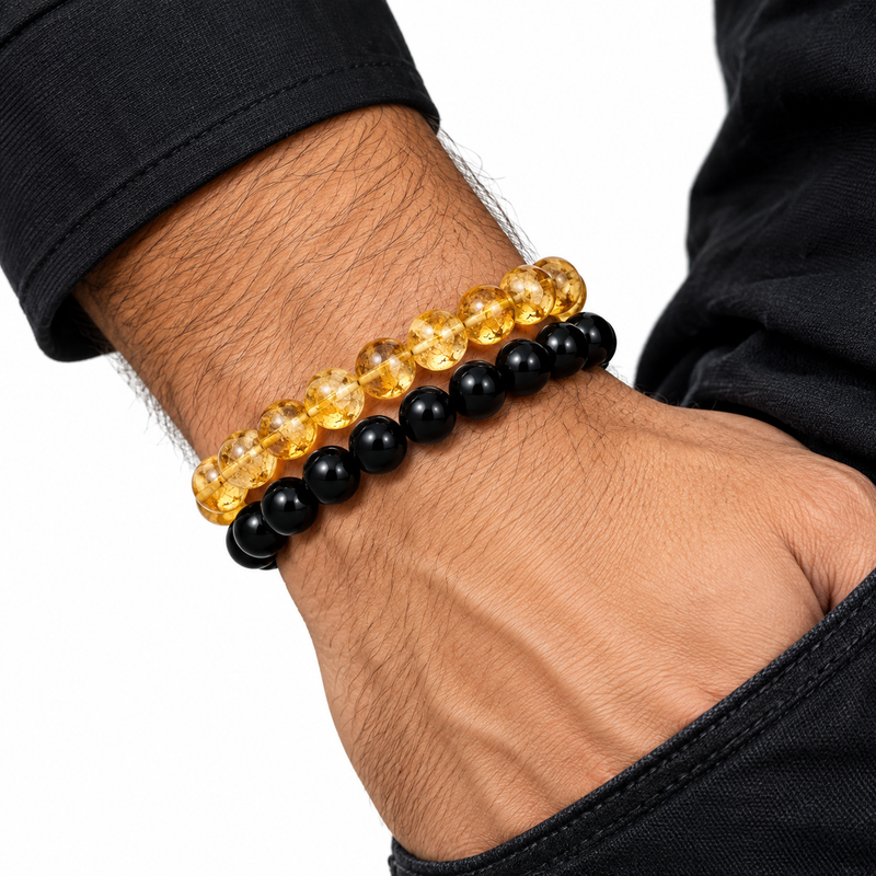 Citrine & Black Onyx Bracelet for Men for Wealth & Success | Natural Crystal Bracelet with Authenticity card