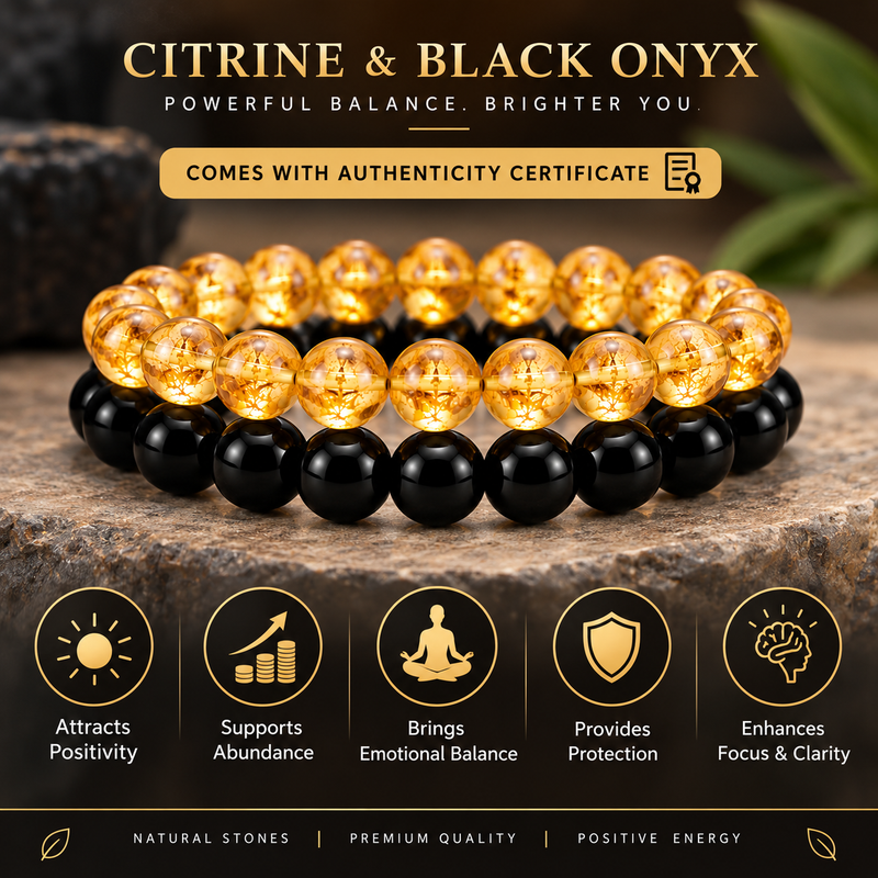 Citrine & Black Onyx Bracelet for Men for Wealth & Success | Natural Crystal Bracelet with Authenticity card