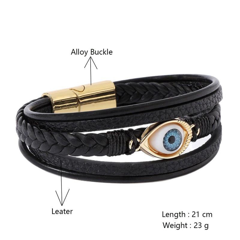 EVIL EYE 5 layer Plain Leather Bracelet Set with Magnetic closer for Men & Boys (8 inch)