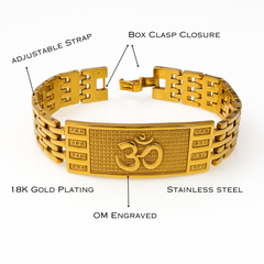 Om Kada Bracelet for Men – 18K Gold Plated Stainless Steel Adjustable | Heavy Om Engraved Spiritual Bracelet | Religious bracelet for Men