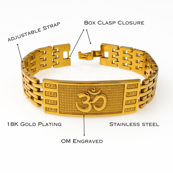 Om Kada Bracelet for Men – 18K Gold Plated Stainless Steel Adjustable | Heavy Om Engraved Spiritual Bracelet | Religious bracelet for Men