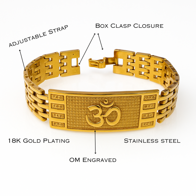 Om Kada Bracelet for Men – 18K Gold Plated Stainless Steel Adjustable | Heavy Om Engraved Spiritual Bracelet | Religious bracelet for Men