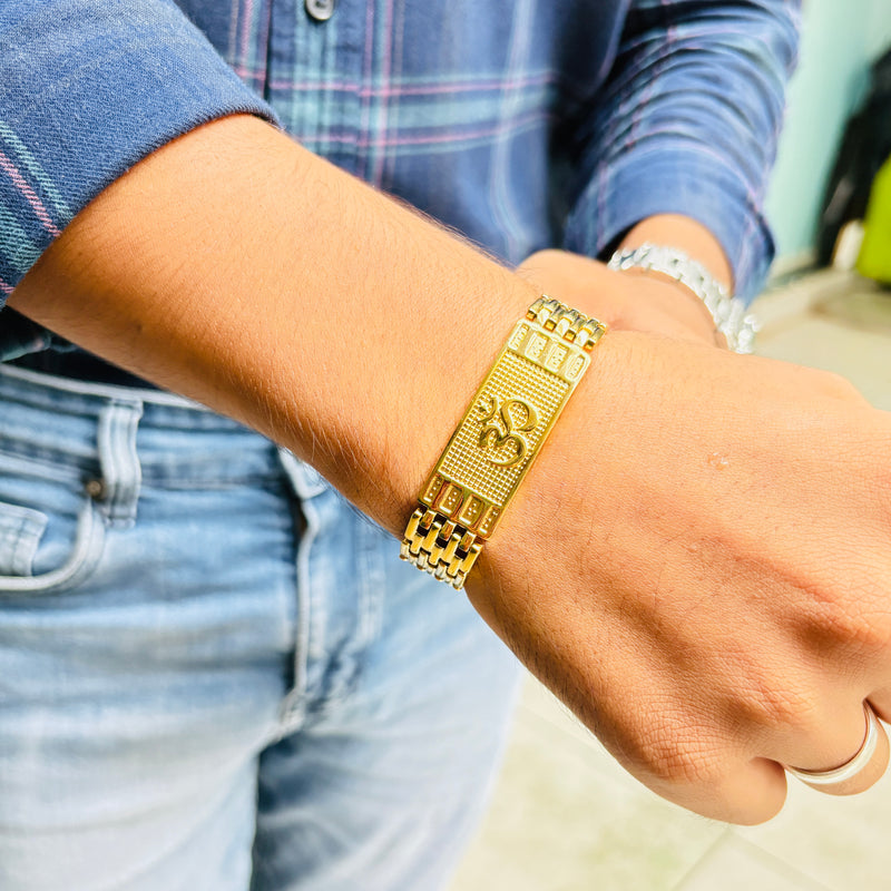 Om Kada Bracelet for Men – 18K Gold Plated Stainless Steel Adjustable | Heavy Om Engraved Spiritual Bracelet | Religious bracelet for Men