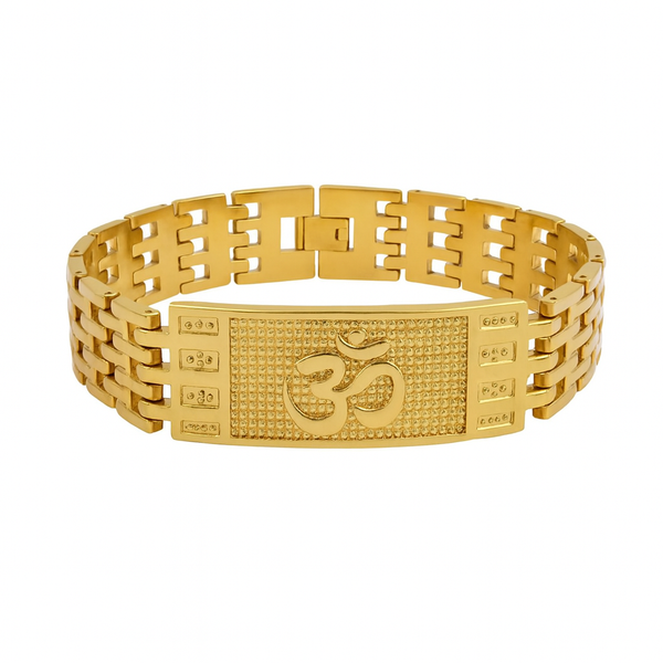 Om Kada Bracelet for Men – 18K Gold Plated Stainless Steel Adjustable | Heavy Om Engraved Spiritual Bracelet | Religious bracelet for Men