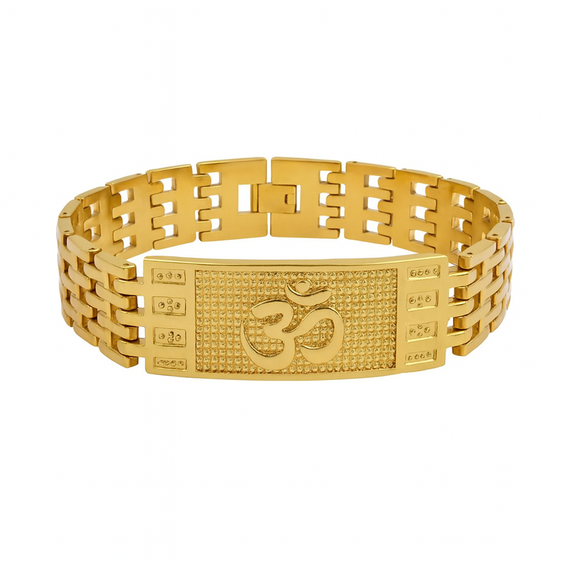 Om Kada Bracelet for Men – 18K Gold Plated Stainless Steel Adjustable | Heavy Om Engraved Spiritual Bracelet | Religious bracelet for Men