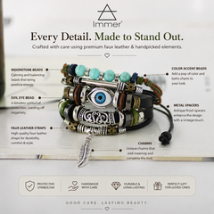 EVIL eye 5 Pcs Braided Faux Leather Bracelet Set with Moonstone beads for Men & Boys (8 inch)