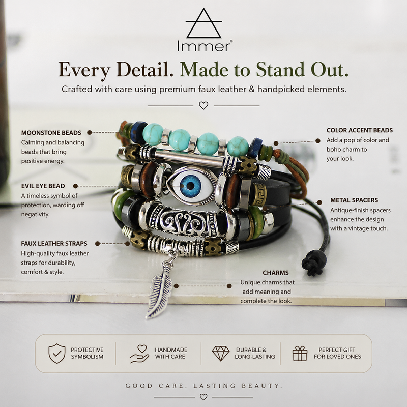 EVIL eye 5 Pcs Braided Faux Leather Bracelet Set with Moonstone beads for Men & Boys (8 inch)