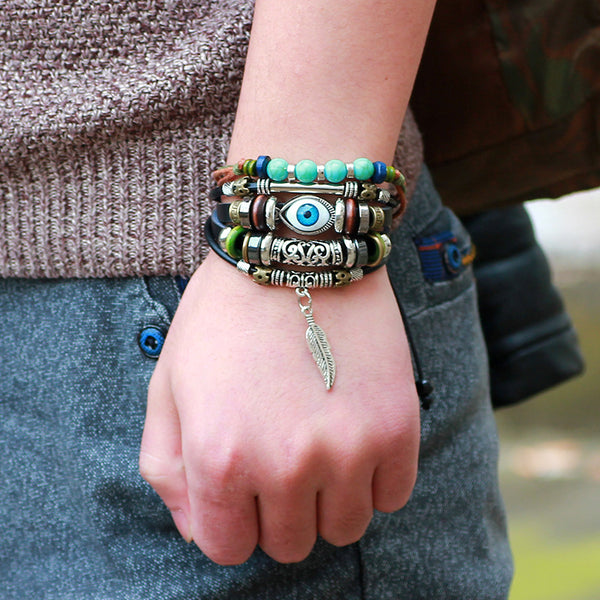 EVIL eye 5 Pcs Braided Faux Leather Bracelet Set with Moonstone beads for Men & Boys (8 inch)