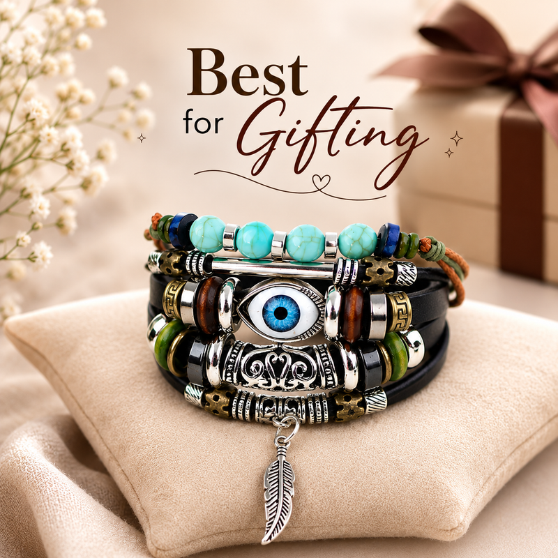 EVIL eye 5 Pcs Braided Faux Leather Bracelet Set with Moonstone beads for Men & Boys (8 inch)