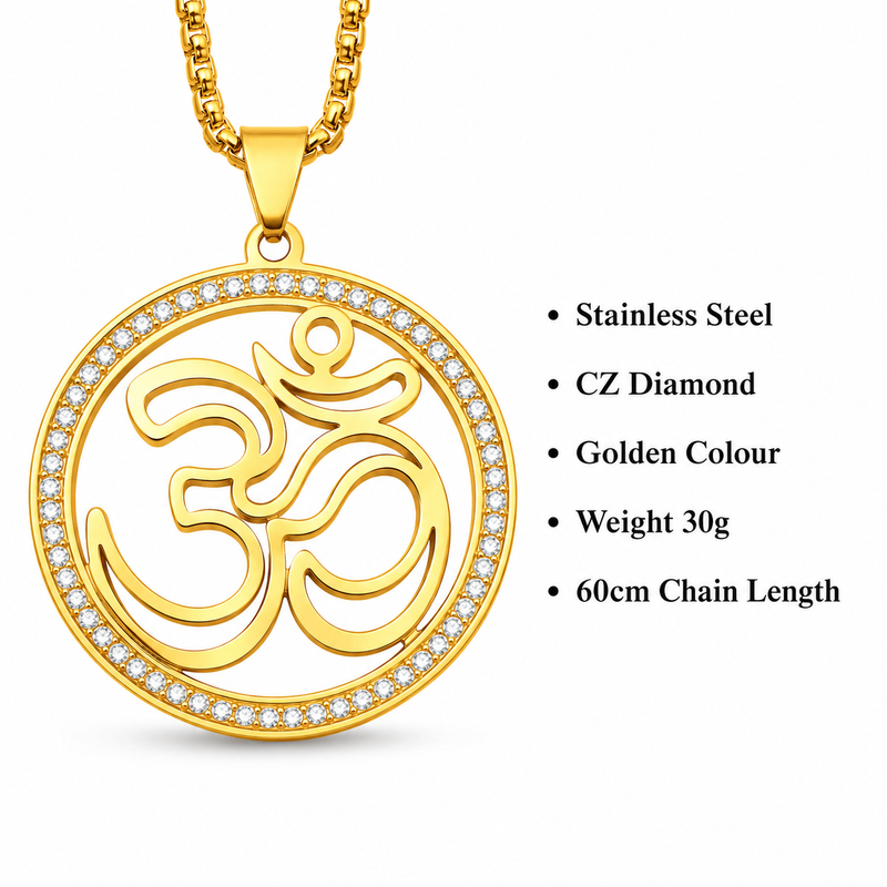 Om Pendant Chain for Men | Stainless steel CZ Diamond Round Pendant | Spiritual Jewellery for men