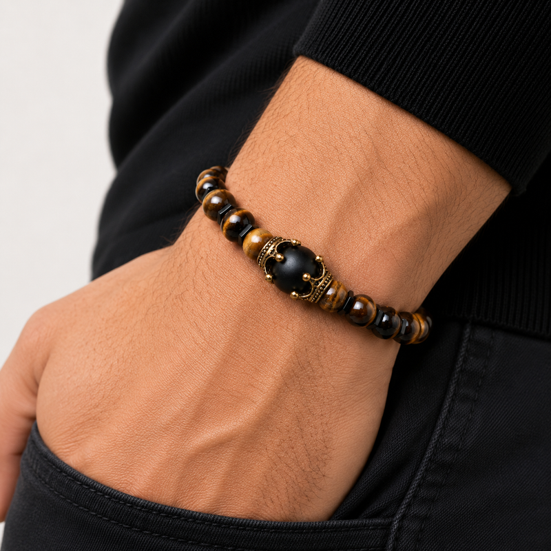 Crown style Tiger Eye Black Onyx Bracelet for Men | Natural Stone for Strength, Confidence & Protection