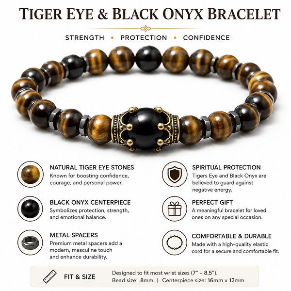 Crown style Tiger Eye Black Onyx Bracelet for Men | Natural Stone for Strength, Confidence & Protection