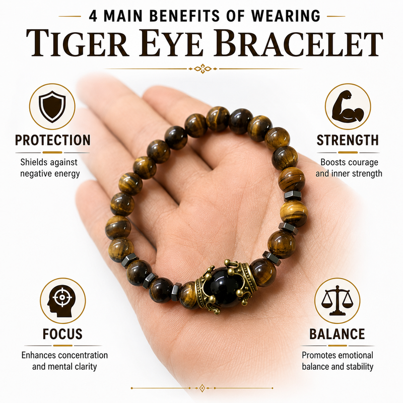 Crown style Tiger Eye Black Onyx Bracelet for Men | Natural Stone for Strength, Confidence & Protection