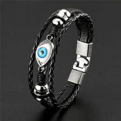 Evil Eye 3 layer breaded Faux leather Bracelet for men with Stainless steel charms - 21 cm