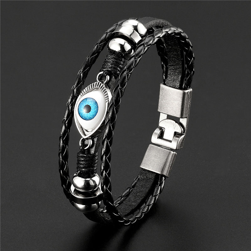Evil Eye 3 layer breaded Faux leather Bracelet for men with Stainless steel charms - 21 cm