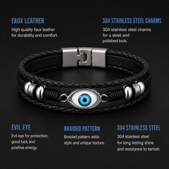 Evil Eye 3 layer breaded Faux leather Bracelet for men with Stainless steel charms - 21 cm