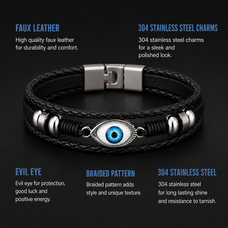 Evil Eye 3 layer breaded Faux leather Bracelet for men with Stainless steel charms - 21 cm