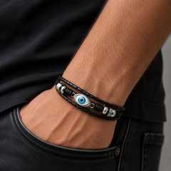 Evil Eye 3 layer breaded Faux leather Bracelet for men with Stainless steel charms - 21 cm
