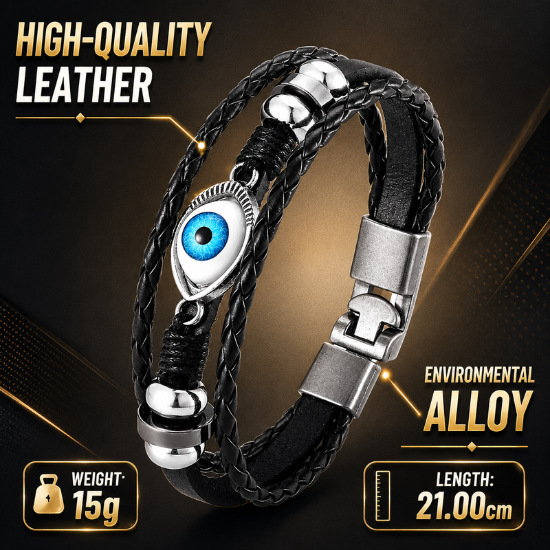 Evil Eye 3 layer breaded Faux leather Bracelet for men with Stainless steel charms - 21 cm