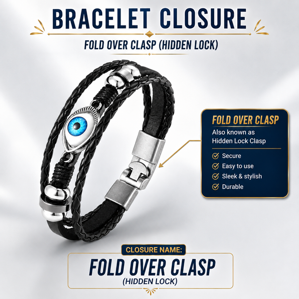 Evil Eye 3 layer breaded Faux leather Bracelet for men with Stainless steel charms - 21 cm