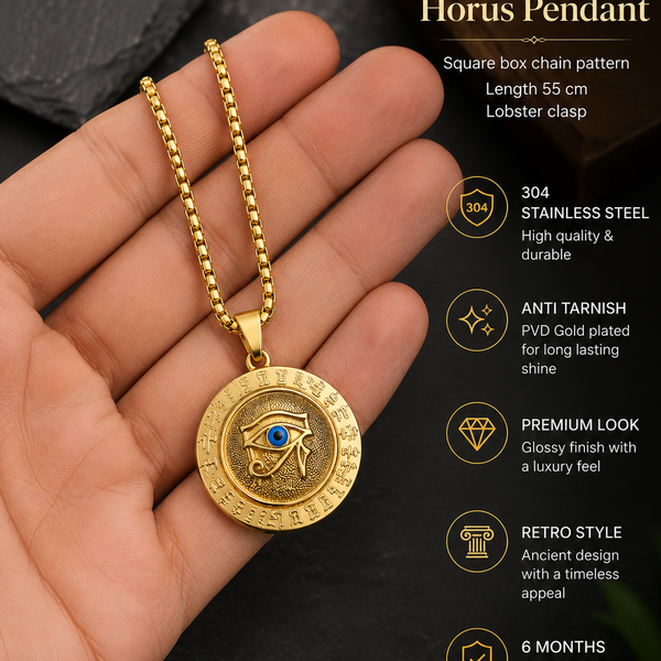 Evil Eye Horus Pendant with Chain for Men & Boys | 304 Stainless Steel, Anti Tarnish, gold Plated with 6 Months Warranty