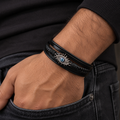EVIL EYE Sunrays 5 layer breaded Faux Leather Bracelet Set with Magnetic closer for Men & Boys (8 inch)