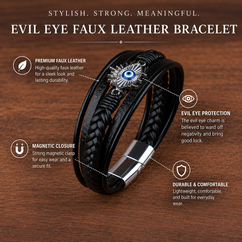 EVIL EYE Sunrays 5 layer breaded Faux Leather Bracelet Set with Magnetic closer for Men & Boys (8 inch)