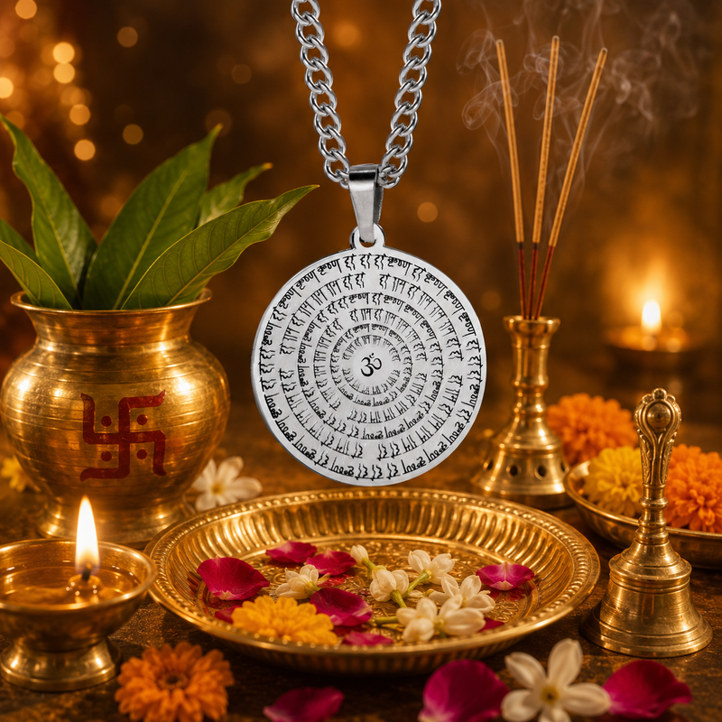 Hare Krishna Round Pendant for Men & Boys | 304 Stainless Steel with 60 cm Link Chain | Anti-Tarnish with 6 Months warranty - Silver