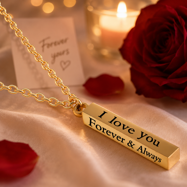 I Love You Engraved Bar Pendant Necklace for Men & Women | 18K Gold Plated Stainless Steel | Anti-Tarnish | Romantic Gift
