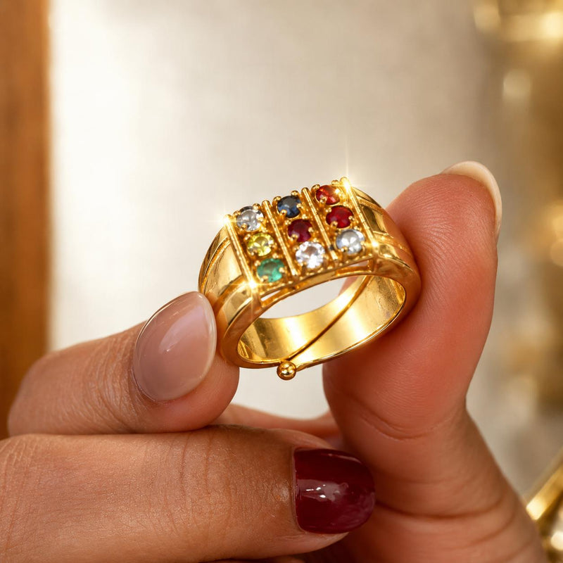 Navratna Ring for Men in Brass | 18K Gold Plated with Original 9 Gemstones | Adjustable