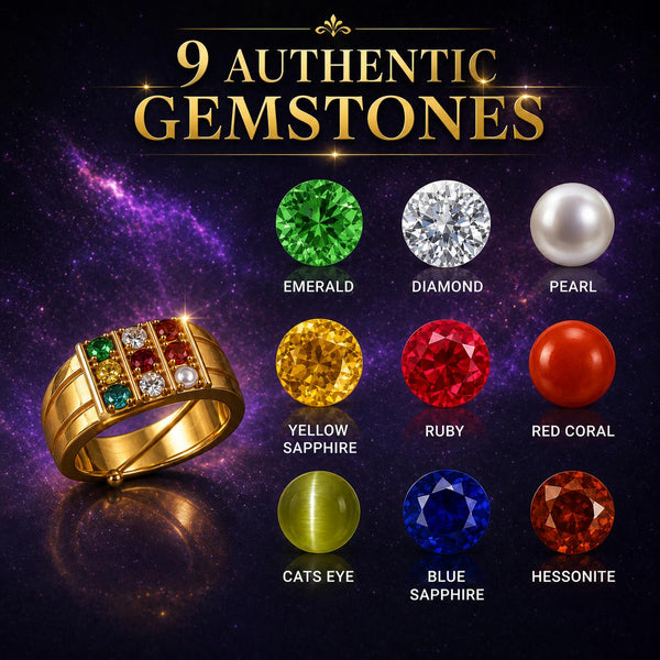 Navratna Ring for Men in Brass | 18K Gold Plated with Original 9 Gemstones | Adjustable