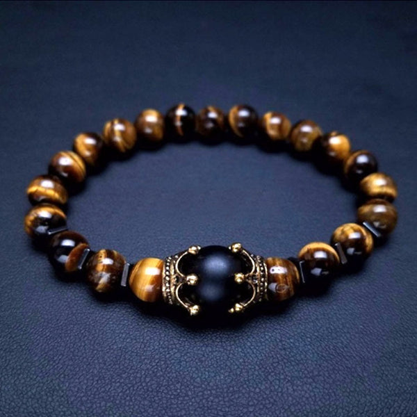 Crown style Tiger Eye Black Onyx Bracelet for Men | Natural Stone for Strength, Confidence & Protection