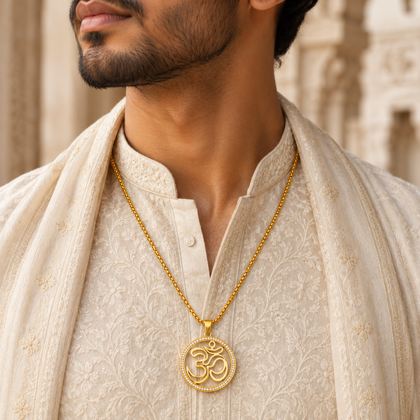 Om Pendant Chain for Men | Stainless steel CZ Diamond Round Pendant | Spiritual Jewellery for men