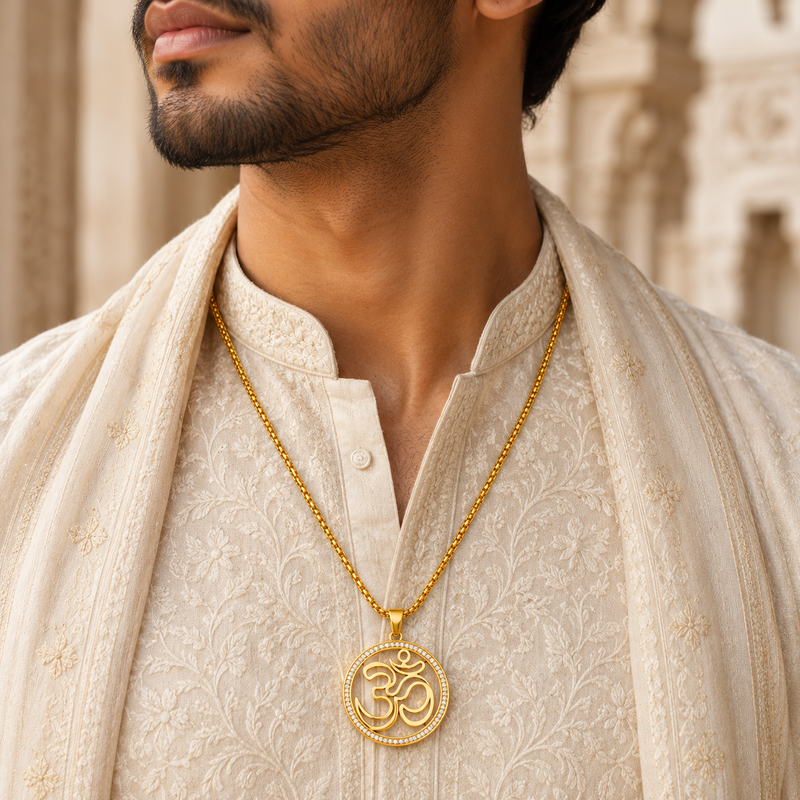 Om Pendant Chain for Men | Stainless steel CZ Diamond Round Pendant | Spiritual Jewellery for men