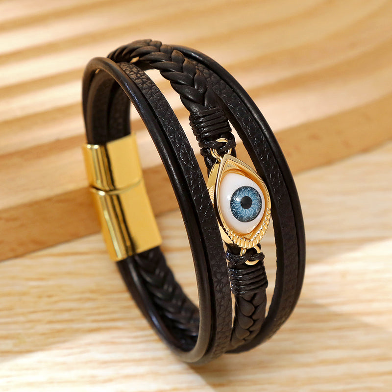 EVIL EYE 5 layer Plain Leather Bracelet Set with Magnetic closer for Men & Boys (8 inch)