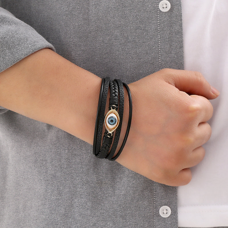 EVIL EYE 5 layer Plain Leather Bracelet Set with Magnetic closer for Men & Boys (8 inch)