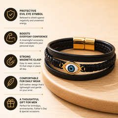 EVIL EYE 5 layer Plain Leather Bracelet Set with Magnetic closer for Men & Boys (8 inch)