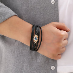 EVIL EYE 5 layer Plain Leather Bracelet Set with Magnetic closer for Men & Boys (8 inch)