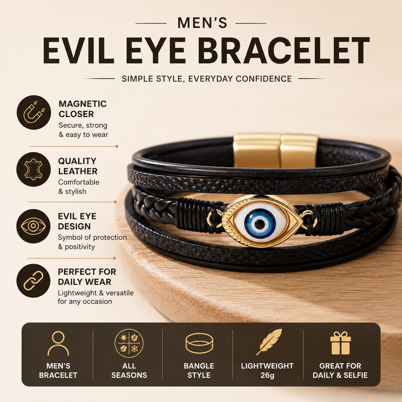 EVIL EYE 5 layer Plain Leather Bracelet Set with Magnetic closer for Men & Boys (8 inch)