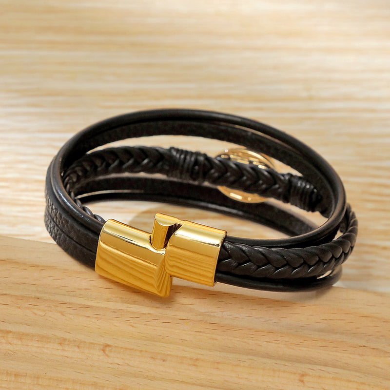 EVIL EYE 5 layer Plain Leather Bracelet Set with Magnetic closer for Men & Boys (8 inch)